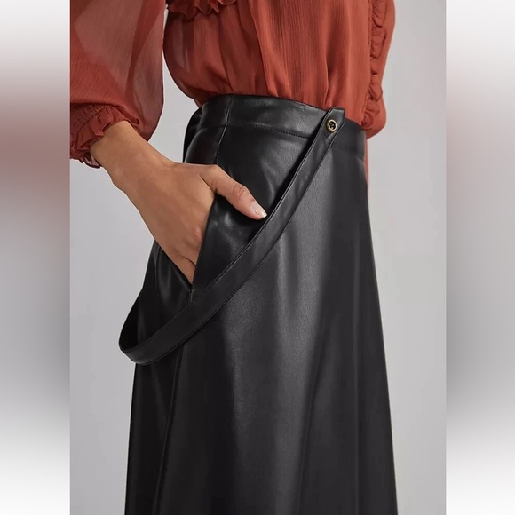 NWT Anthropologie‎ Black Faux Leather Pinafore Suspender Midi Skirt Dress - 8 - Picture 4 of 13